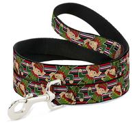 Dog Leash 6-FEET Christmas Elves/Stripes Black/Red/White/Green NARROW 0.5"