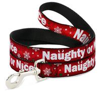 Dog Leash 6-FEET Christmas NAUGHTY OR NICE/Snowflakes Reds/White/Green WIDE 1.5"