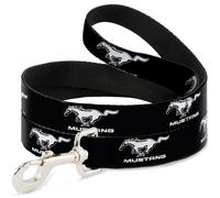 Dog Leash 6-FEET Ford Mustang Black/White Logo REPEAT WIDE 1.5"