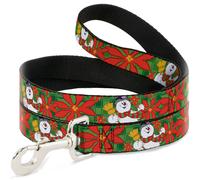 Dog Leash 6-FEET Frosty the Snowman Pose Poinsetta Plaid Collage Greens/Reds WID