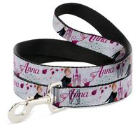 Dog Leash 6-FEET Frozen Anna Castle Pose with Flowers and Script Grays/Pinks NAR