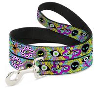 Dog Leash 6-FEET Funky Alien Flowers Aqua Blue/Multi Color WIDE 1.5"