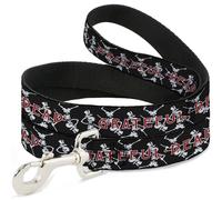 Dog Leash 6-FEET GRATEFUL DEAD Dancing Skeletons and Text Black/White/Red NARROW