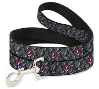 Dog Leash 6-FEET GRATEFUL DEAD Text and Skull and Roses Round Logo Black/Yellow
