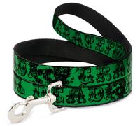 Dog Leash 6-FEET Grateful Dead Text w/Skull & Roses Green WIDE 1.5"