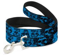 Dog Leash 6-FEET Grateful Dead Text w/Skull & Roses Turquoise WIDE 1.5"