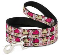 Dog Leash 6-FEET Happy Cupcakes Buffalo Plaid White/Pink WIDE 1.5"