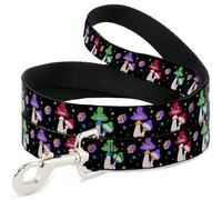 Dog Leash 6-FEET Happy Mushrooms with Stars Black/Multi Color WIDE 1.5"