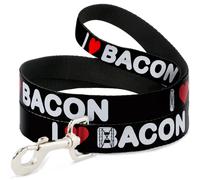 Dog Leash 6-FEET I "HEART" BACON Text Black/White/Red Text NARROW 0.5"