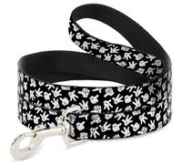 Dog Leash 6-FEET Mickey Mouse Hand Gestures2 Scattered Black/White WIDE 1.5"