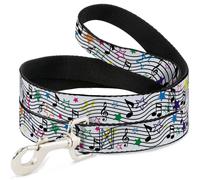 Dog Leash 6-FEET Music Notes Stars White/Black/Multi Color WIDE 1.5"