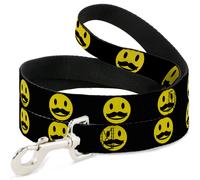 Dog Leash 6-FEET Mustache Happy Face2 Black/Yellow/Black WIDE 1.5"