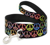 Dog Leash 6-FEET Peace Flowers Black/Multi Color WIDE 1.5"