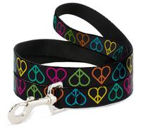Dog Leash 6-FEET Peace Hearts Repeat Black/Neon