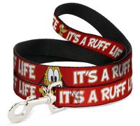 Dog Leash 6-FEET Pluto 2-Pose IT'S A RUFF LIFE Red/Yellow/White WIDE 1.5"