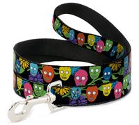 Dog Leash 6-FEET Skulls & Flowers Black/Multi Color WIDE 1.5"