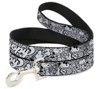 Dog Leash 6-FEET SNOOPY Poses and Daisy Flowers Collage Black/Grays/White