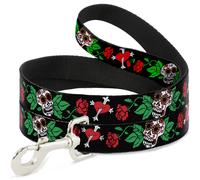 Dog Leash 6-FEET Sugar Skull w/Roses & Heart NARROW 0.5"