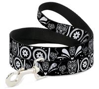 Dog Leash 6-FEET Sugar Skulls Black/White WIDE 1.5"