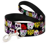 Dog Leash 6-FEET Sugar Skulls & Flowers Black/Multi Color WIDE 1.5"