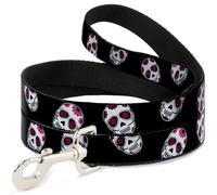 Dog Leash 6-FEET Sugar Skulls Scattered Black/White/Fuchsia NARROW 0.5"