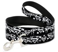 Dog Leash 6-FEET Superman Shield Splatter Black/White WIDE 1.5"