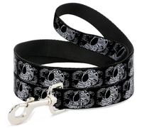Dog Leash 6-FEET Tattoo Skull Floral Black/White WIDE 1.5"