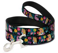 Dog Leash Alice/Cheshire Cat/Flowers Poses Black/Multi Color WIDE 1.5"