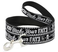 Dog Leash BD Skull MAKE YOUR FATE Black/White NARROW 0.5"