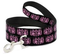 Dog Leash BD Skulls w/Wings Black/Pink NARROW 0.5"