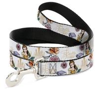 Dog Leash Beauty and the Beast Belle Castle Pose with Script and Flowers White/Y