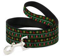 Dog Leash Christmas Sweater Stitch Green/White/Gold/Red WIDE 1.5"
