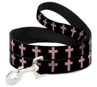 Dog Leash Cross Repeat Black/Leopard Brown/Pink Outline WIDE 1.5"