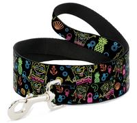 Dog Leash Electric SpongeBob Poses/Elements Black/Multi Color WIDE 1.5"
