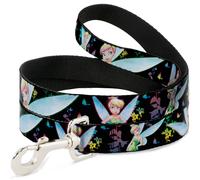 Dog Leash Glowing Tinker Bell Poses/Butterflies & Flowers Black/Multi Neon
