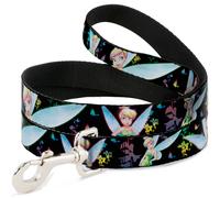 Dog Leash Glowing Tinker Bell Poses/Butterflies & Flowers Black/Multi Neon