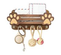 Dog Leash Holder Wall Mount with Floating Shelf - 6 Key Hooks Paw Print | 33 cm.12.7 cmx6.9 cm Sturdy Wooden Frame, Floating Storage Shelf & 6 Heavy Duty Hooks, Cute Cutout Paw Design in Brown/White