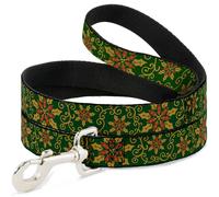 Dog Leash Holiday Holly Green/Gold/Red WIDE 1.5"