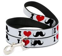 Dog Leash I Heart "Mustache" White/Black/Red NARROW 0.5"