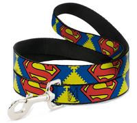 Dog Leash Jagged Superman Shield CLOSE-UP Yellow/Blue/Red WIDE 1.5"