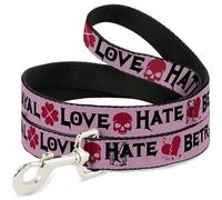 Dog Leash Love/Hate/Betrayal Pink/Black/Fuchsia WIDE 1.5"