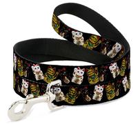 Dog Leash Maneki Neko Lucky Cats Gold/Black/White WIDE 1.5"
