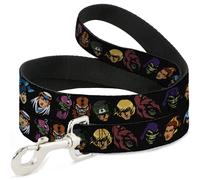 Dog Leash Masters of the Universe Eleven Character Faces Black NARROW 0.5"