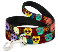 Dog Leash Painted Sugar Skulls & Flowers Collage NARROW 0.5"