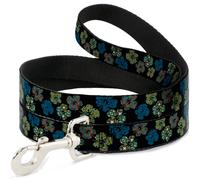 Dog Leash Pixilated Hibiscus Flowers Black/Multi Color WIDE 1.5"