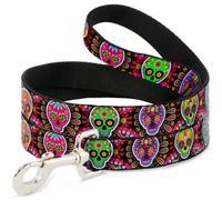 Dog Leash Six Sugar Skulls Multi Color WIDE 1.5"