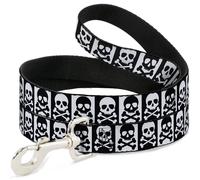 Dog Leash Skull & Cross Bones Blocks Black/White White/Black NARROW 0.5"