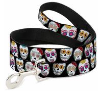Dog Leash Staggered Sugar Skulls CLOSE-UP Black/Multi Color NARROW 0.5"