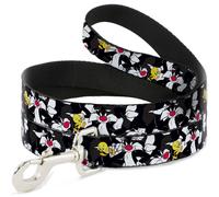 Dog Leash Sylvester and Tweety Poses Scattered Charcoal WIDE 1.5"