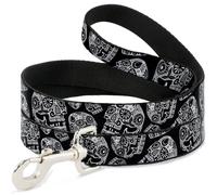 Dog Leash The Dust of Living II Sugar Skulls Black/White WIDE 1.5"